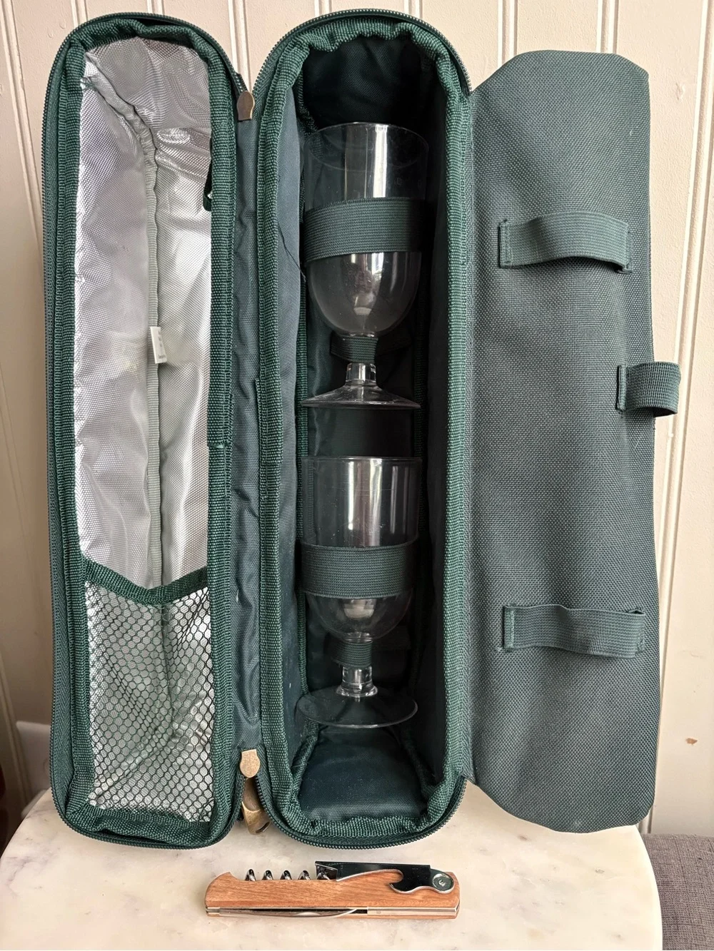 Picnic at Ascot Insulated Travel Wine Tote Bag Dark Green with Opener & Cups